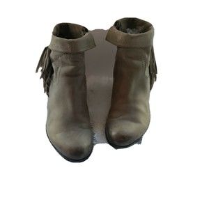 Sam Edelman Tan Suede Louie Fringe Ankle Boots Stacked Heel Women's Size 8.5 US